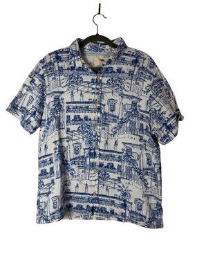 Folk Clothing Men Toile Blue White Short Sleeve Button Up Shirt Size Large gauzy